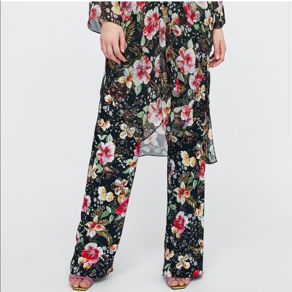 Zara Bahamas floral tropical wide leg elastic waist drawstring pants
